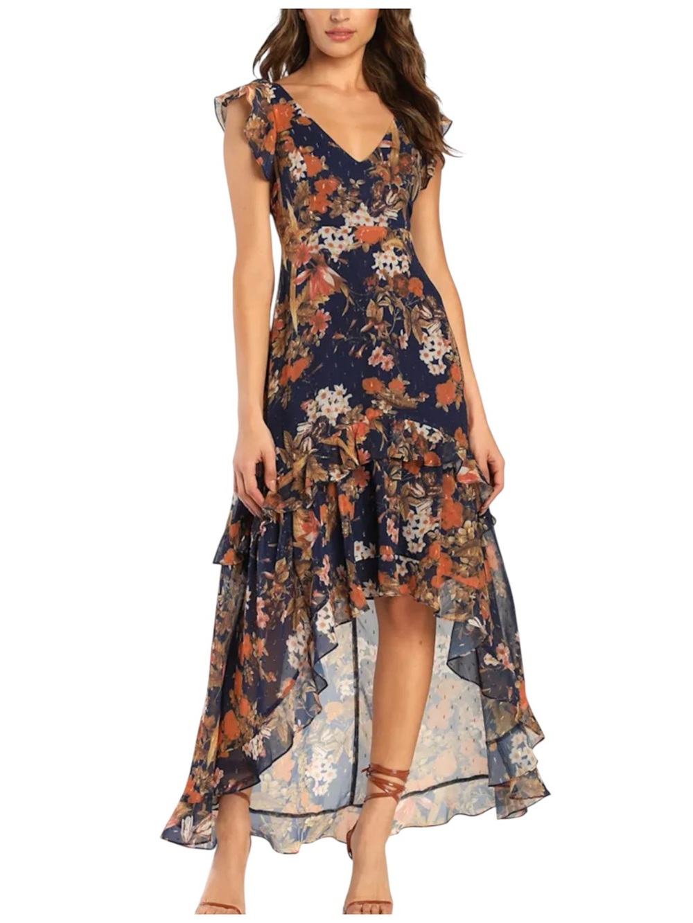 Lulu's Stunning Favorite Navy Floral High-Low Ruffle V-Neck Dress LARGE